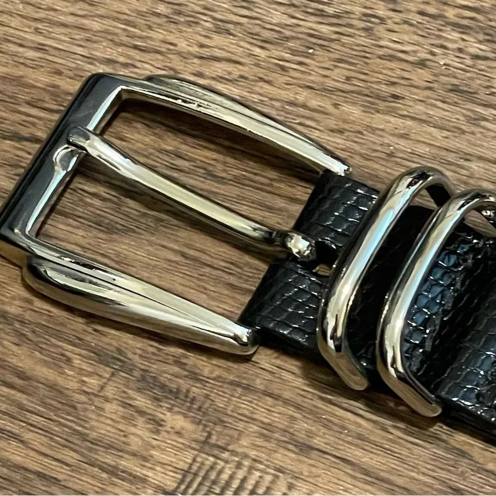 TORINO Ringmark Lizard Men’s Leather Belt Woven Black With Silver Buckle 36